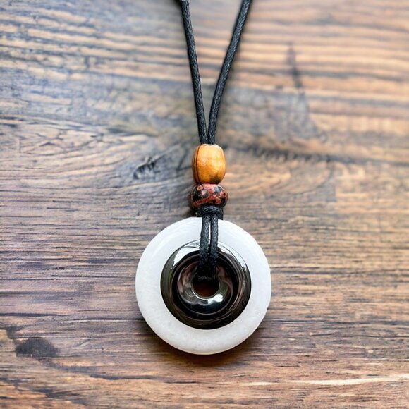 Artisan Jewelry - White Jade and Hematite Pendant | Handmade